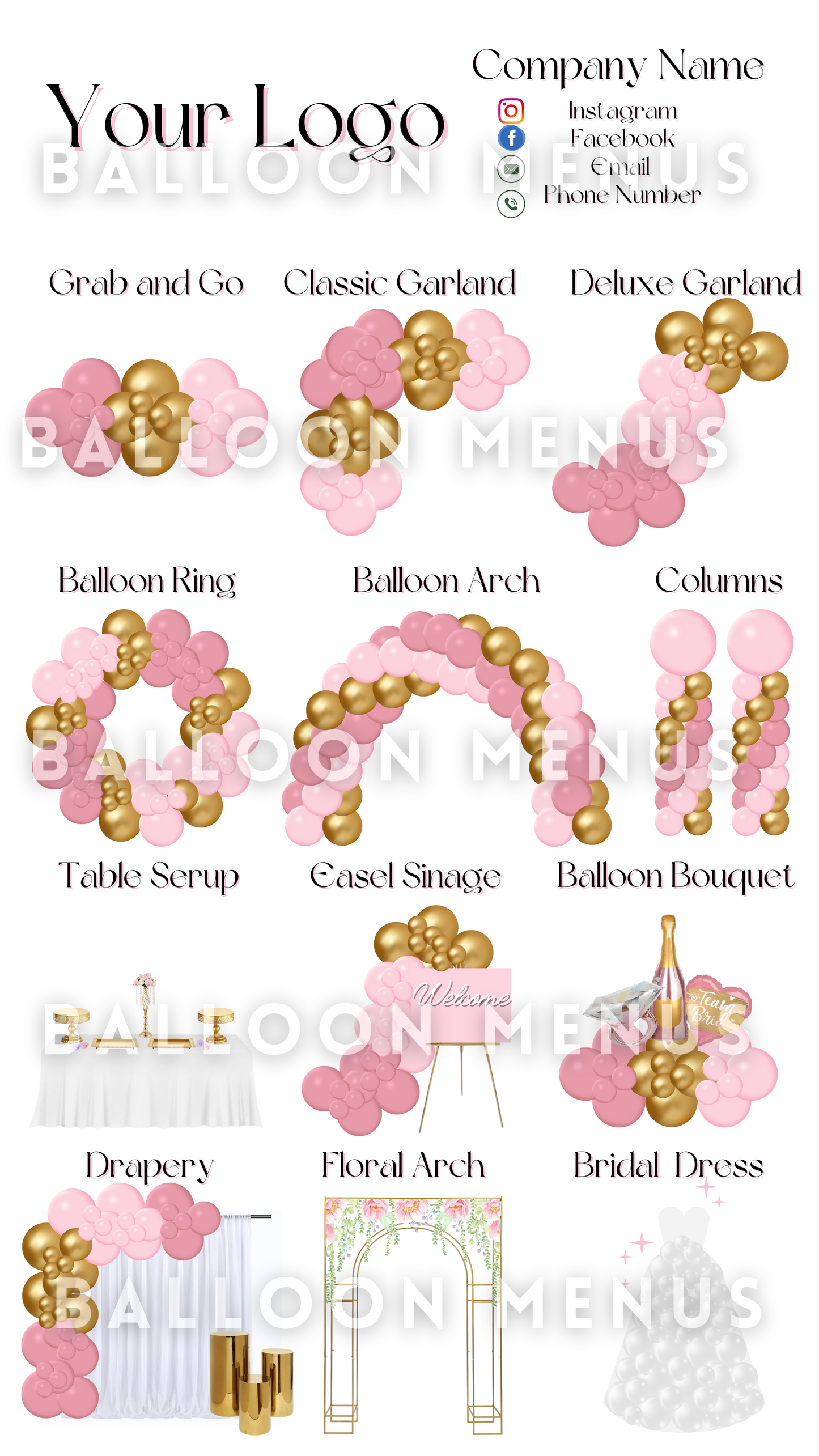 Premade Editable Balloon Menu (Pink and Gold)