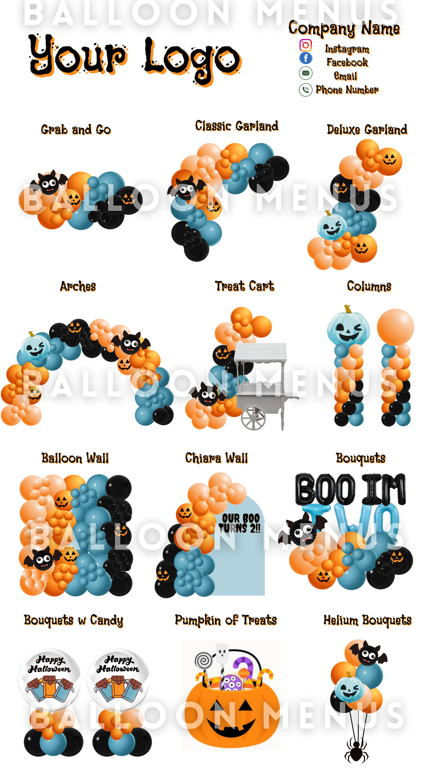 Seasonal Halloween Balloon Menu Template - Editable (Blue , Orange and Black)