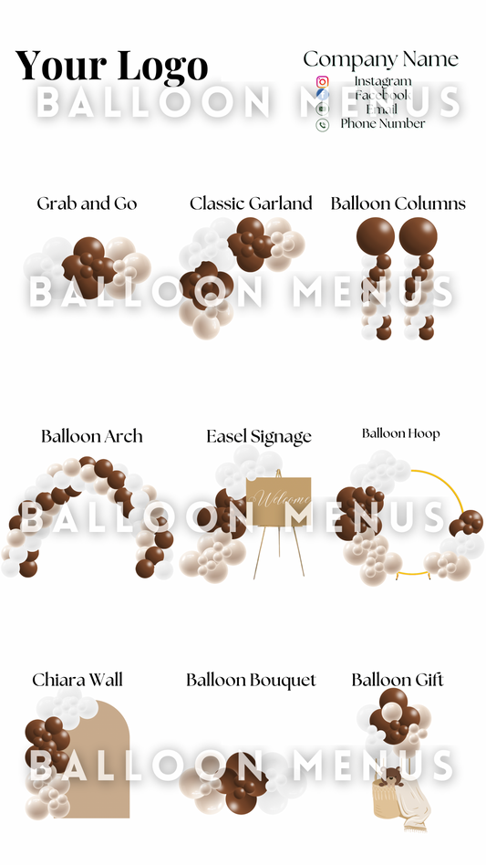 Premade Editable large Balloon Menu (White,Brown, Cream )