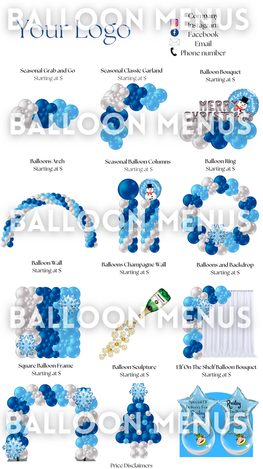 Premade Christmas Balloon Menu, Seasonal ( Blue and Silver)