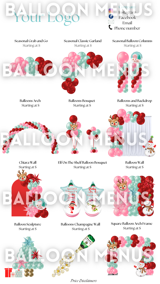 Premade Christmas Balloon Menu, Seasonal - Red, pink, mint