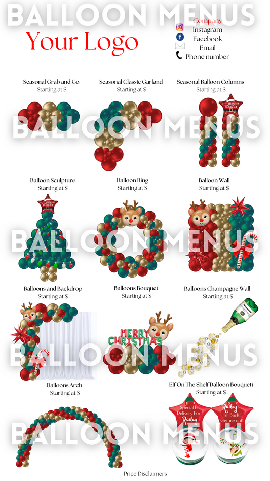 Premade Christmas Balloon Menu, Seasonal - Red, green, gold