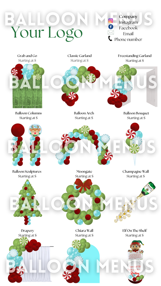 Christmas Editable Premade Large Balloon Menu (Red, Green and Blue)