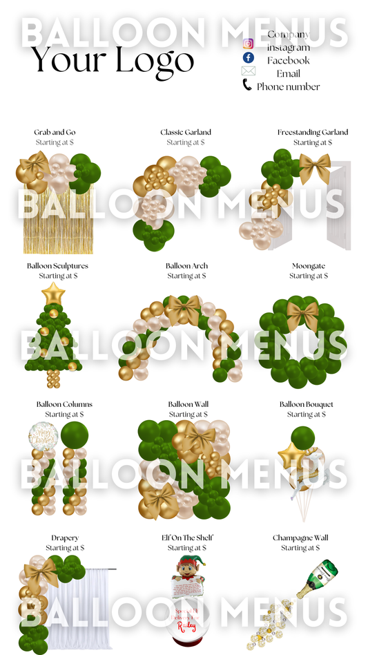 Christmas Editable Premade Large Balloon Menu (Green, Champagne and Gold)