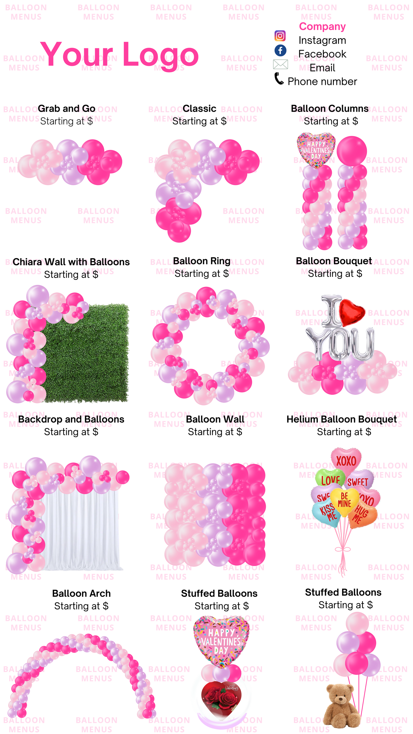 Seasonal Premade Valentine’s Day Balloon Menu
