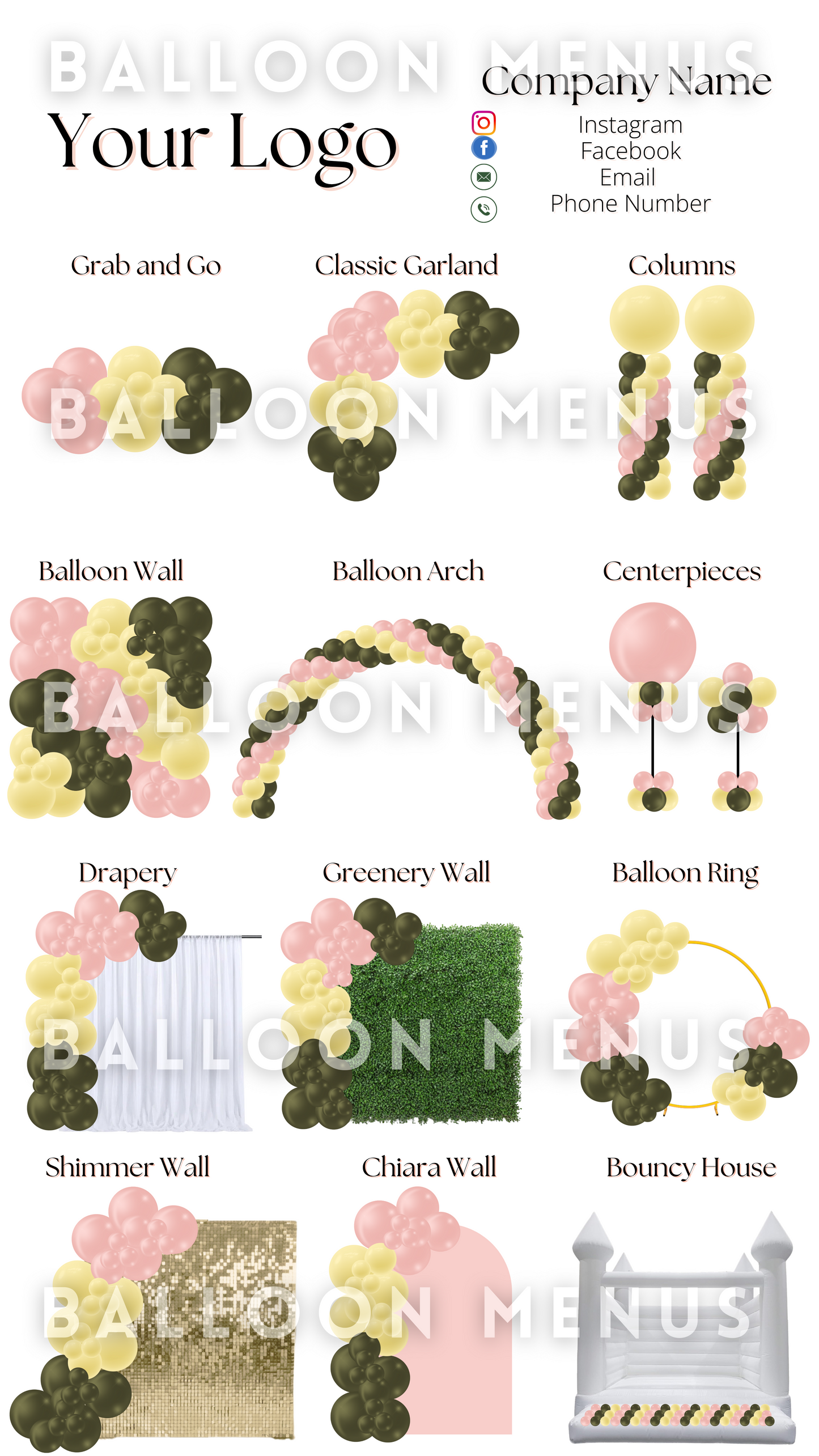 Premade Editable Balloon Menu (Pink, Yellow, Green)