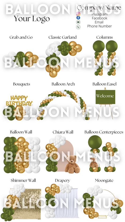 Premade Editable Large Balloon Menu (Olive green, gold,cream)