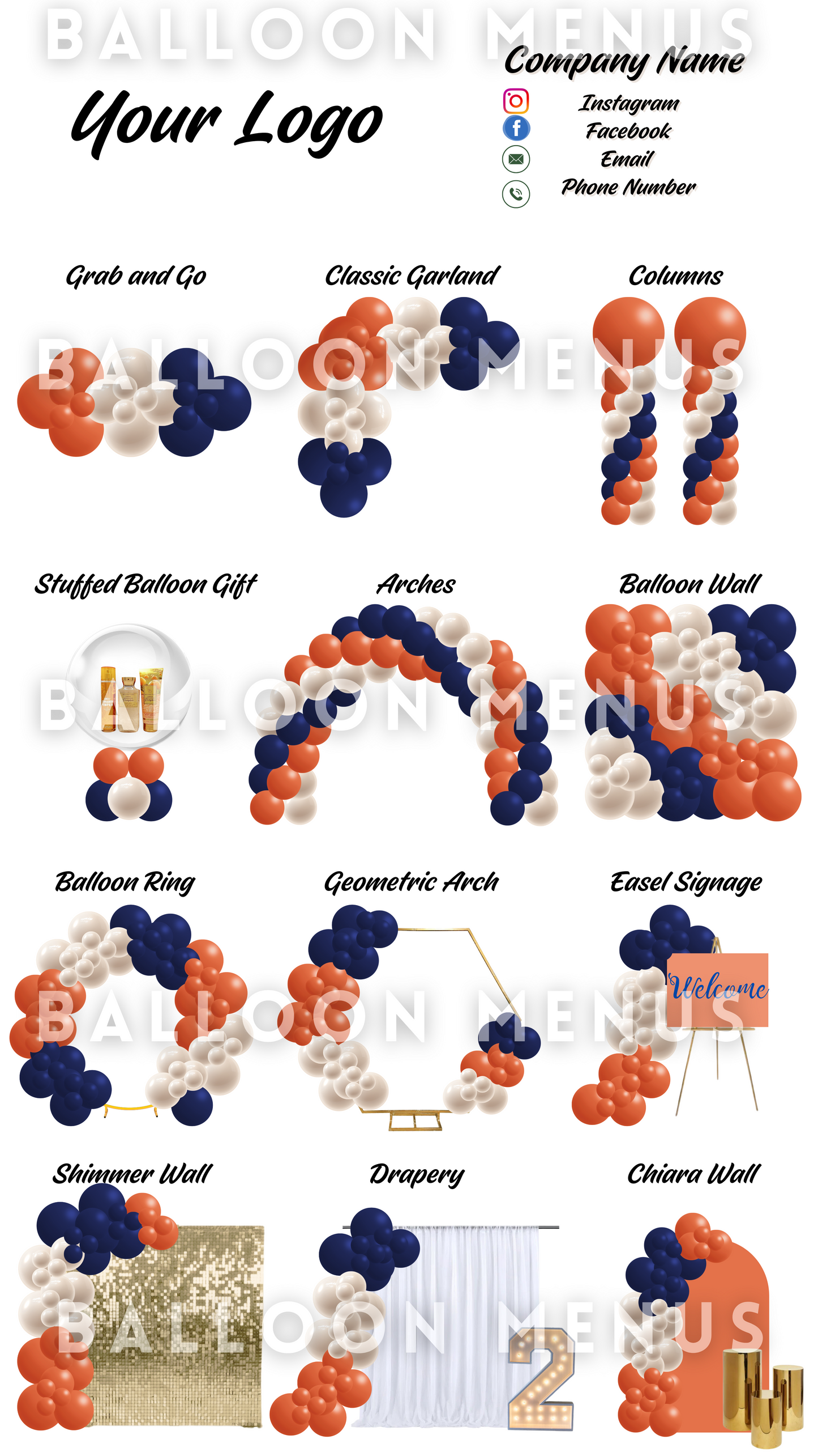 Premade Editable large Balloon Menu (Navy Blue, Cream, Orange )