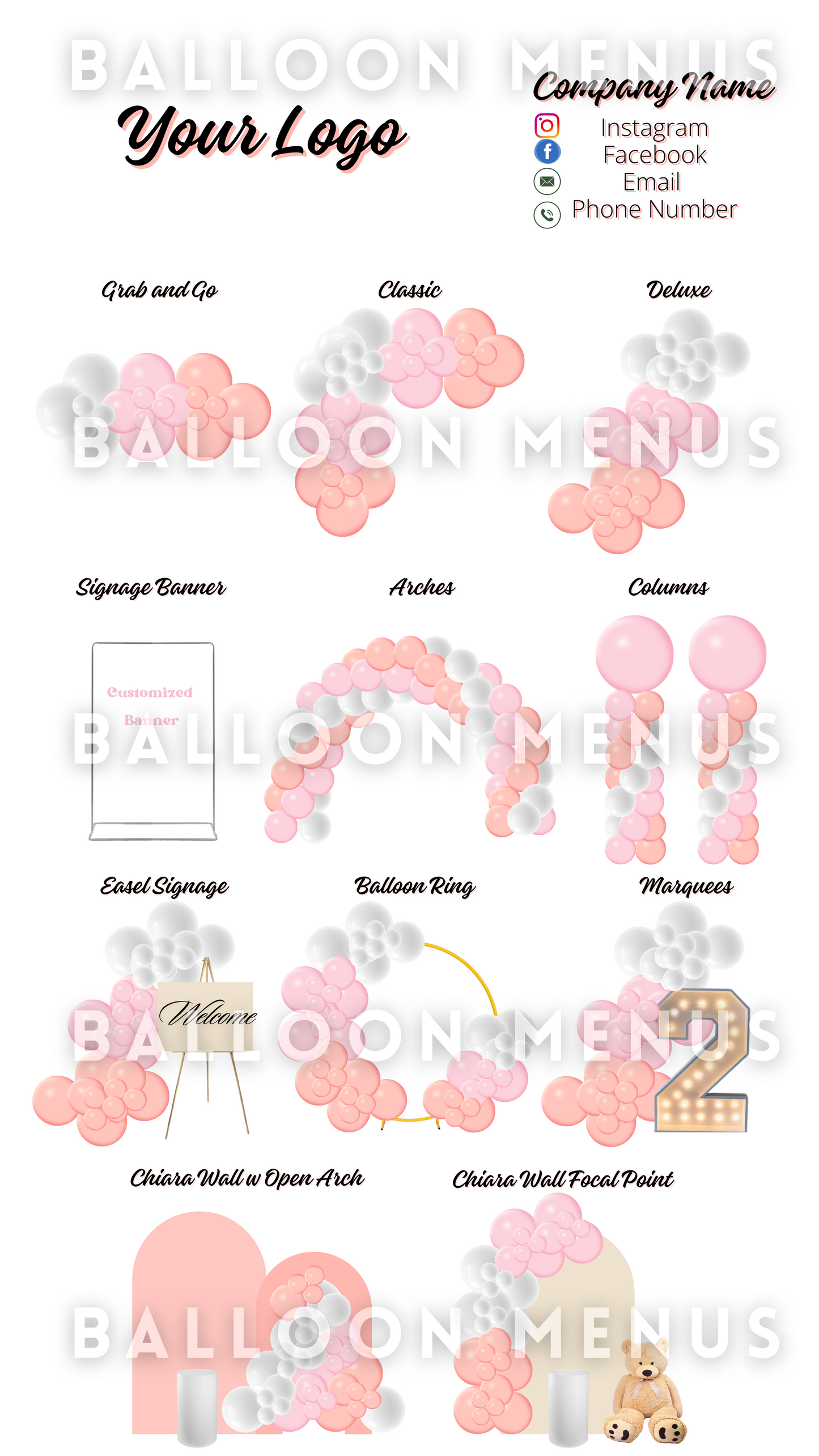 Premade Editable large Balloon Menu (Pink , Orange, White)