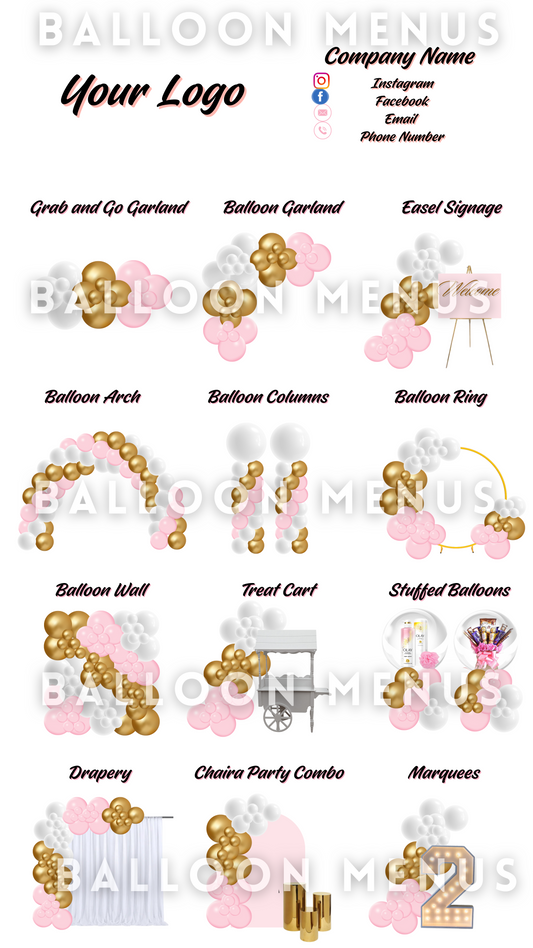 Premade Editable large Balloon Menu (Pink , Gold and White)