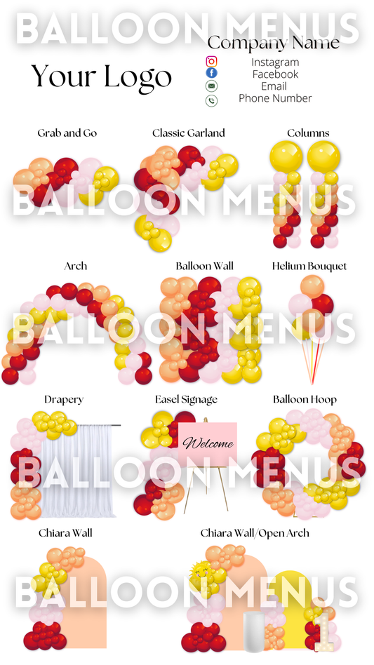 Premade Editable large Balloon Menu (Pink, Yellow, Red, Orange)