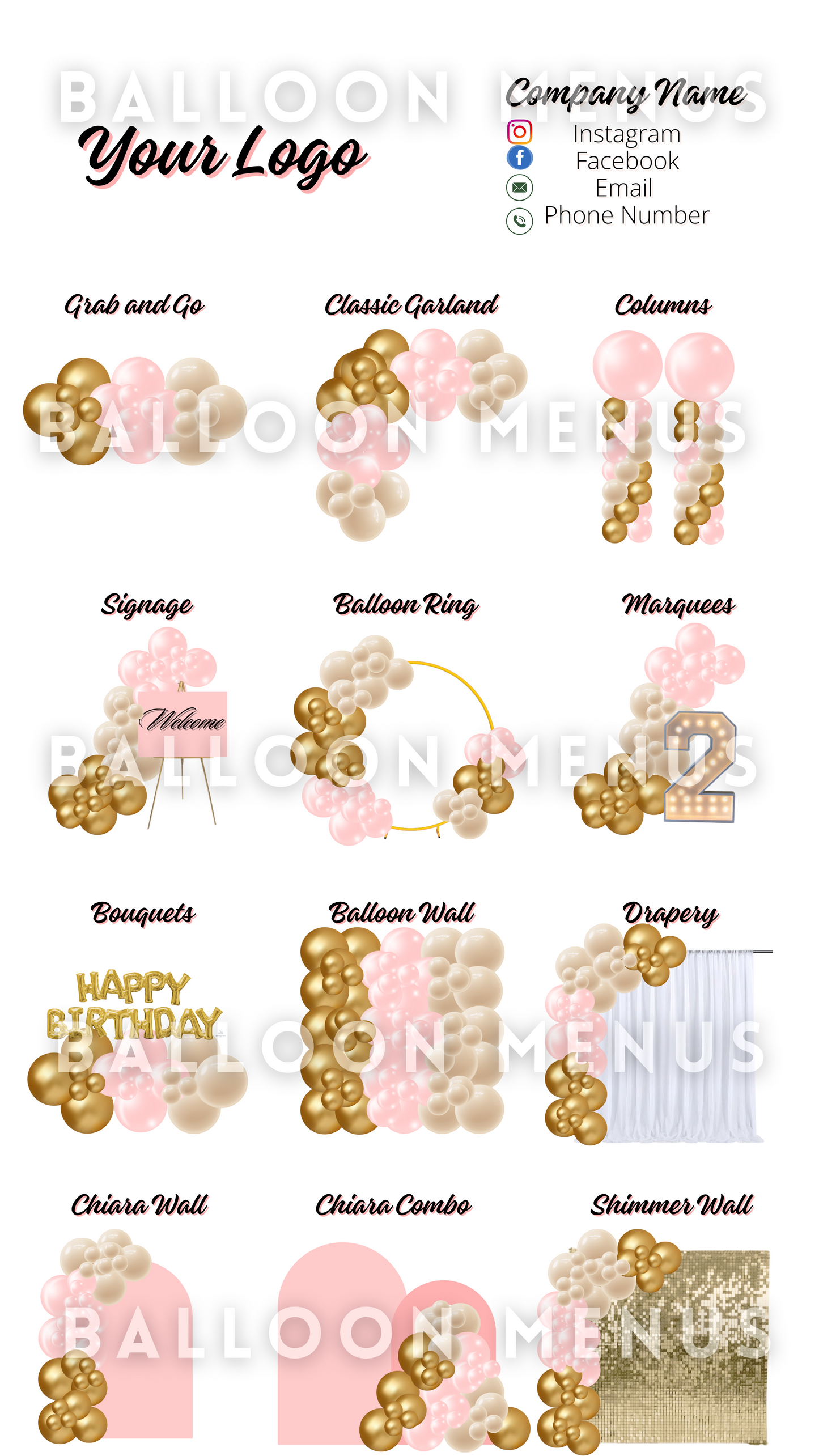 Premade Editable large Balloon Menu (Pink , Cream, Gold)