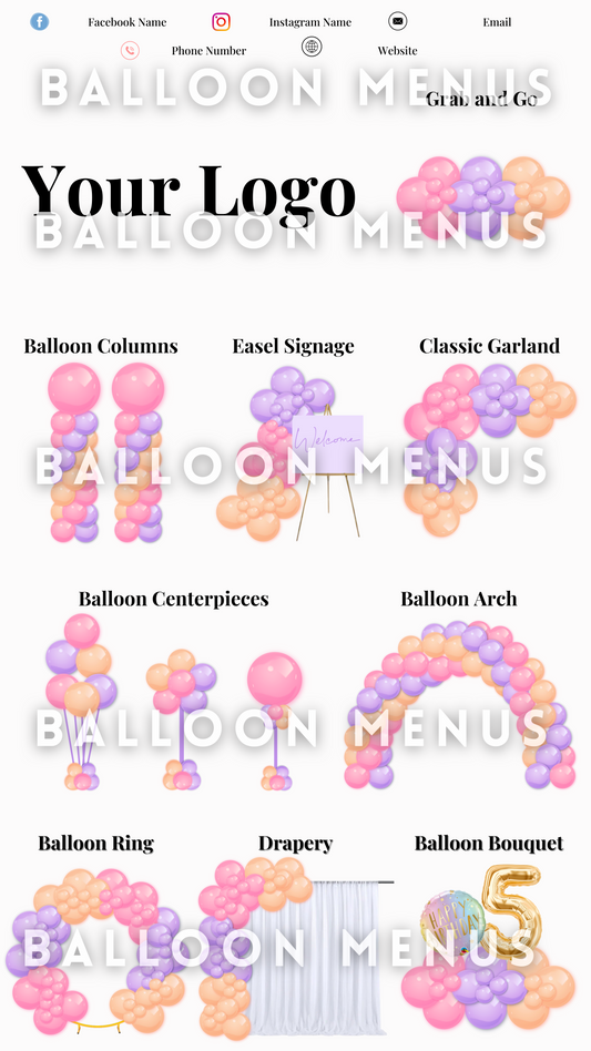 Premade Editable large Balloon Menu (Purple, Orange, Pink)