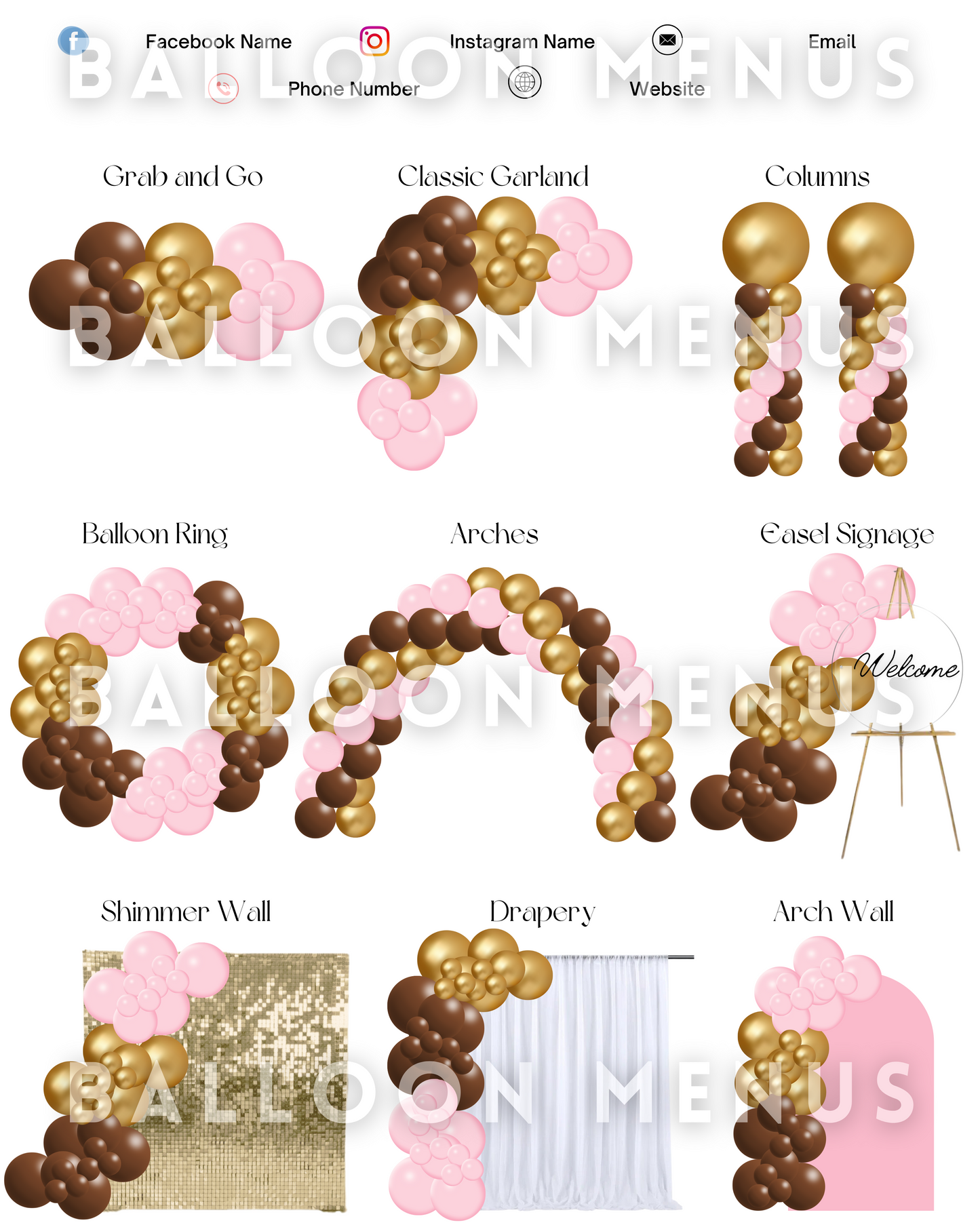 Premade Editable large Balloon Menu ( Pink, Brown, Gold)