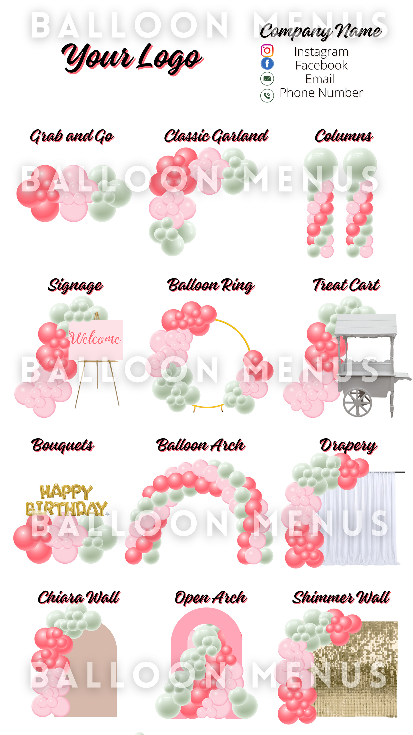 Premade Editable Balloon Menu (Pink, Coral and Mint)