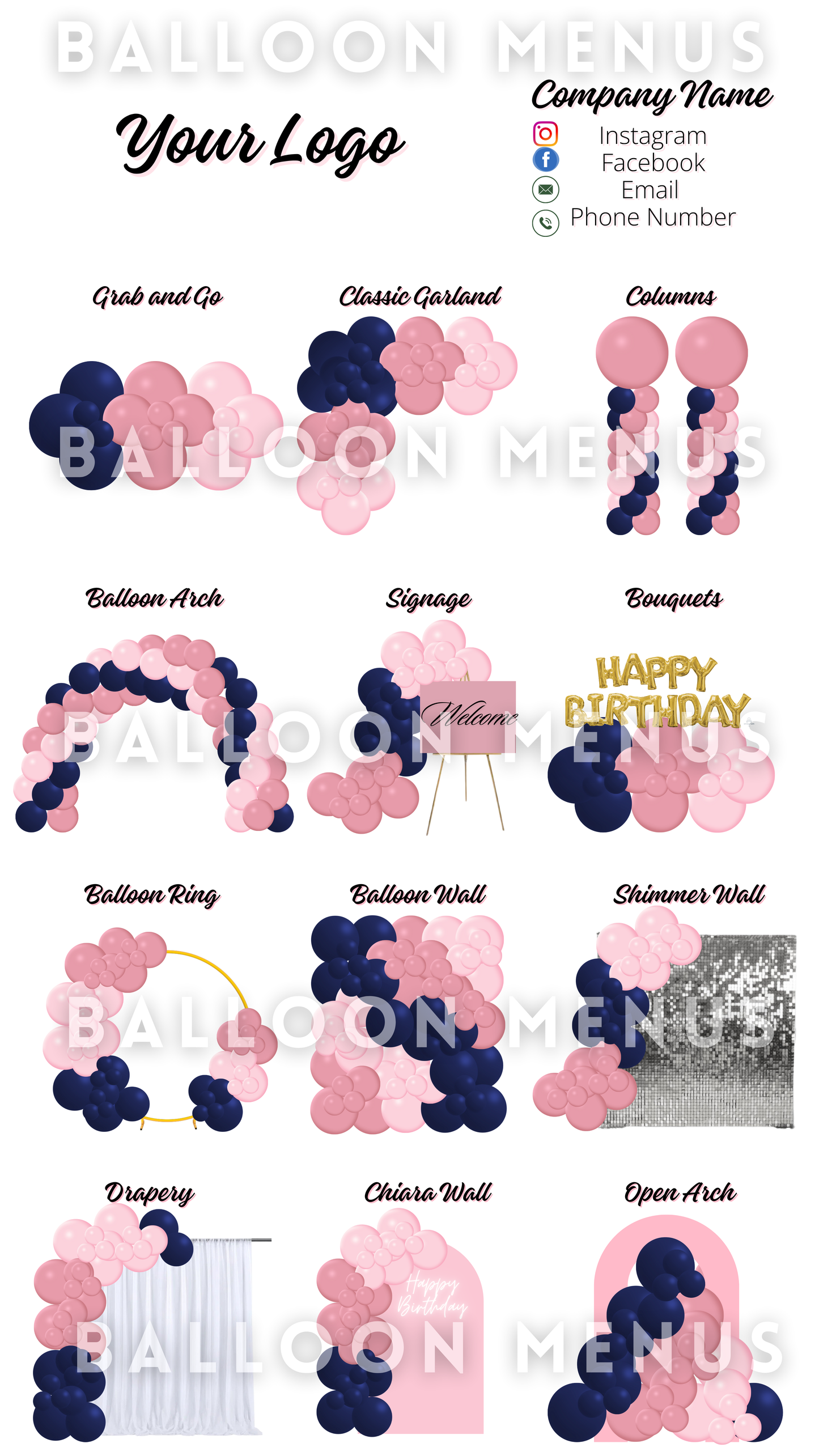 Premade Editable large Balloon Menu Graduations(Pink, Navy Blue)