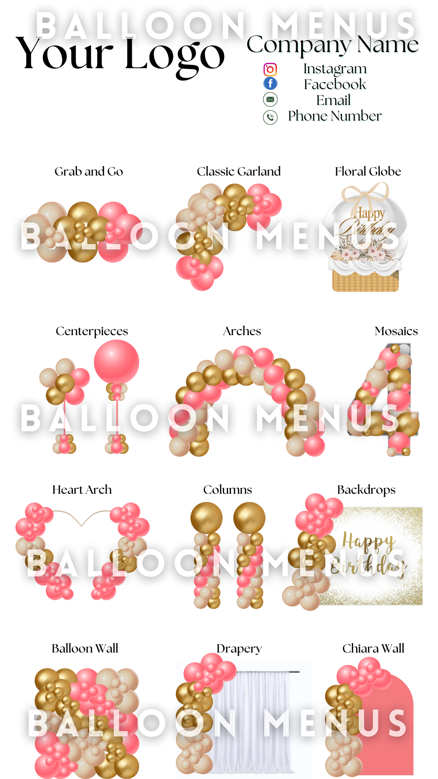 Premade Editable large Balloon Menu (Pink, Cream, Gold)