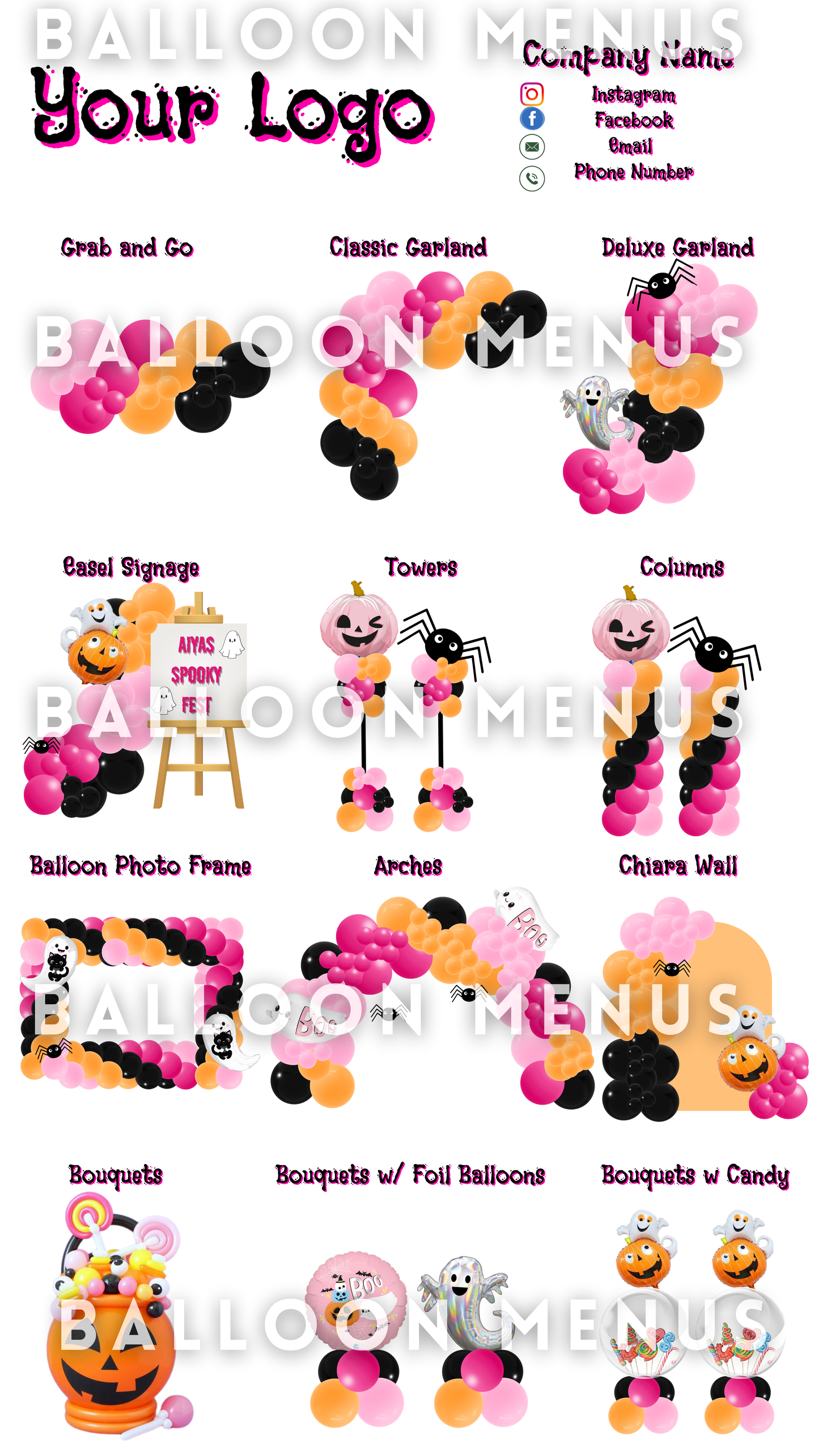 Seasonal Halloween Balloon Menu Template - Editable (Pink , Orange and Black)