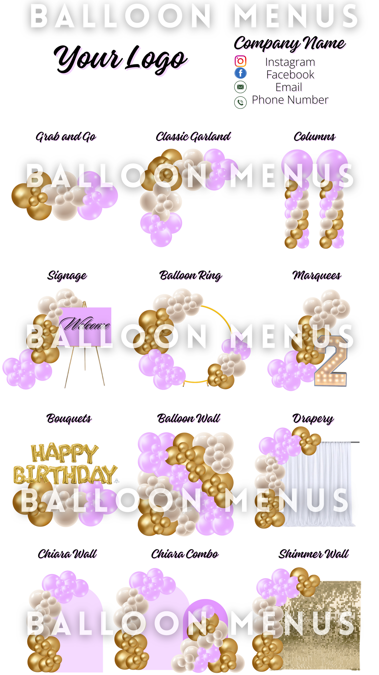 Premade Editable large Balloon Menu (Purple , Cream, Gold)