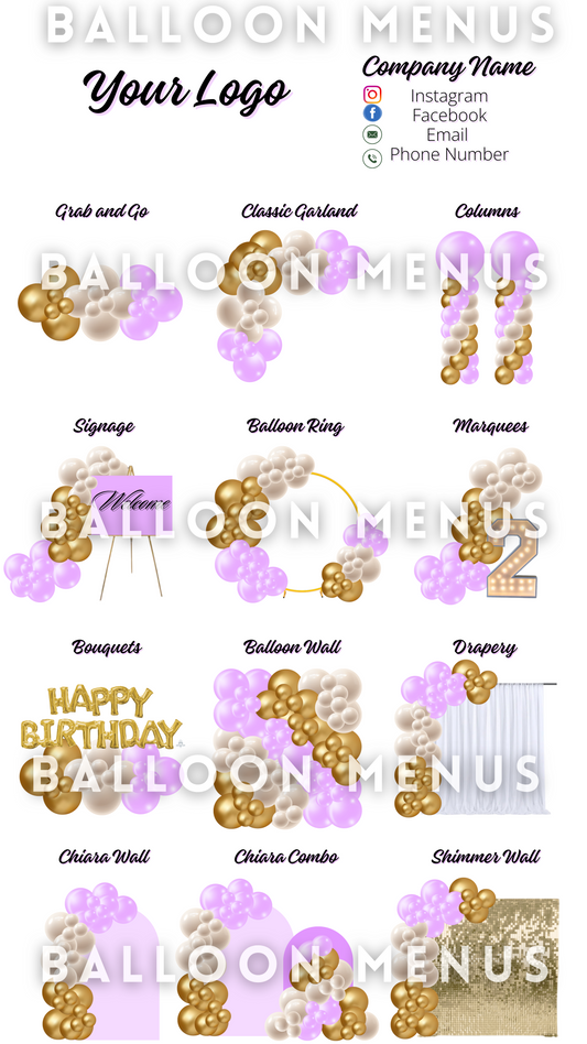 Premade Editable large Balloon Menu (Purple , Cream, Gold)