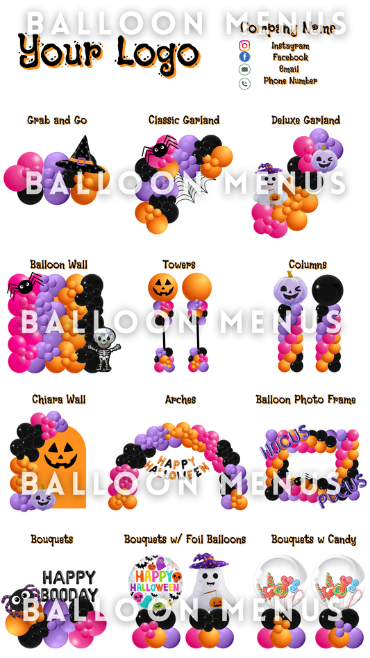 Seasonal Halloween Balloon Menu Template - Editable (Purple , Orange , Hot Pink and Black)