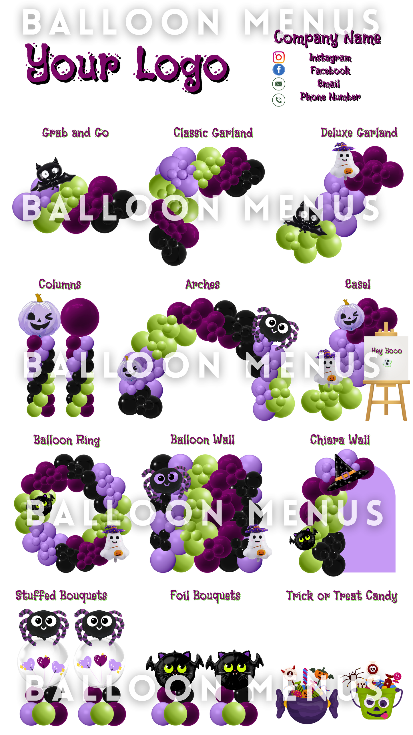 Seasonal Spooky Halloween Balloon Menu Template-Editable (Lime green, Purple and Black)