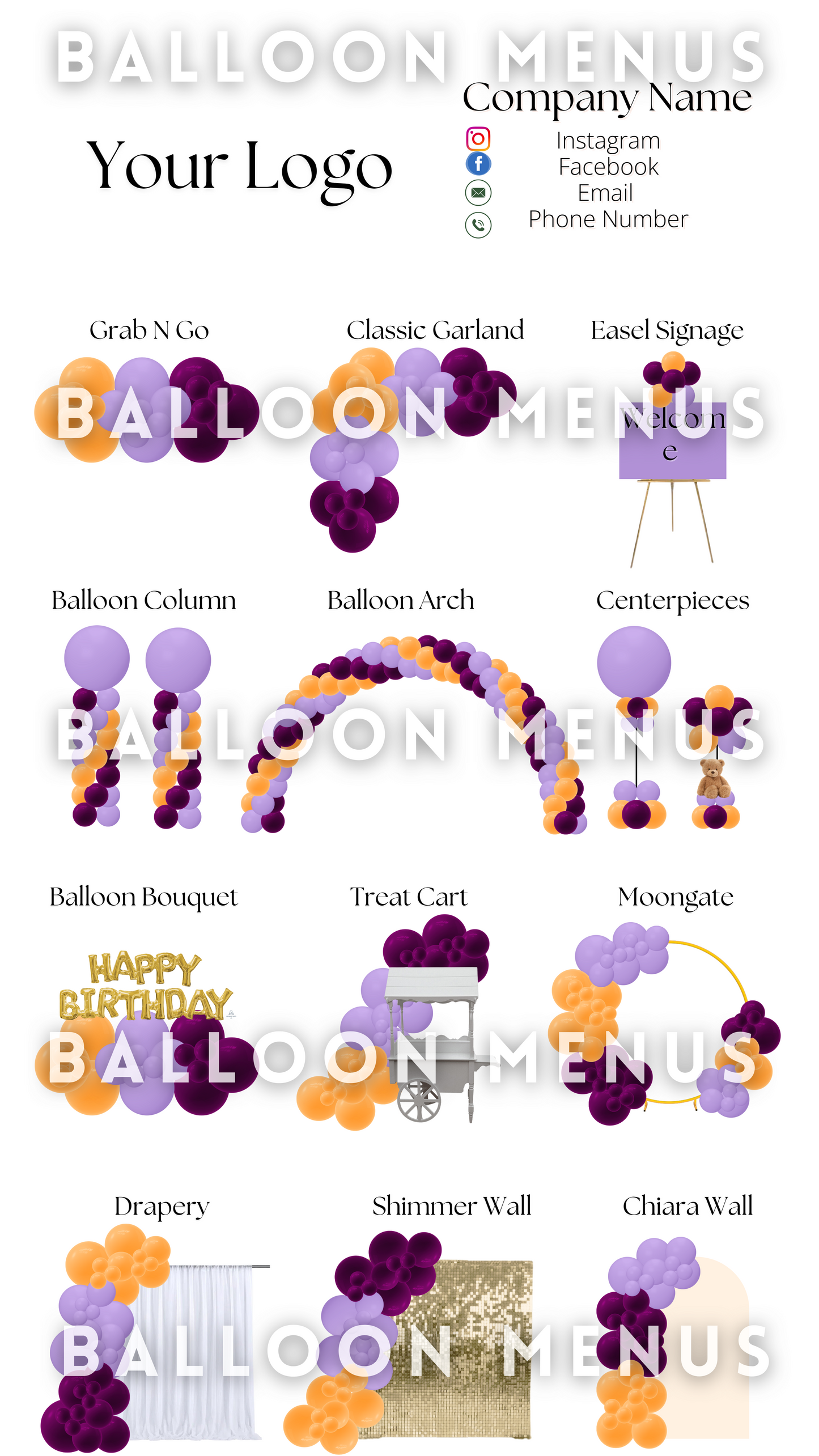 Premade Editable Large Balloon Menu (Purple, orange)