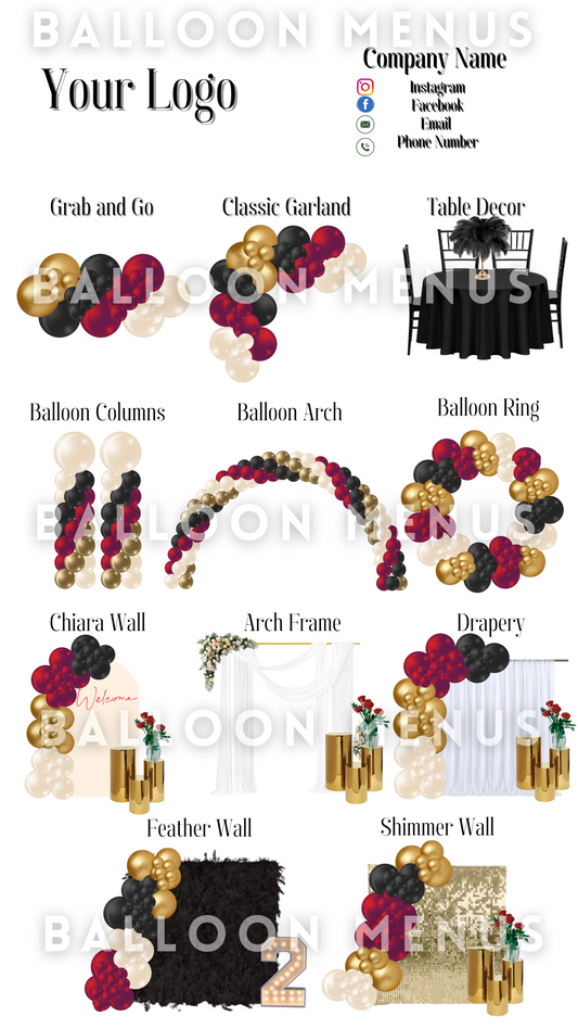 Premade Editable large Balloon Menu (Red, Gold, Black, Cream)