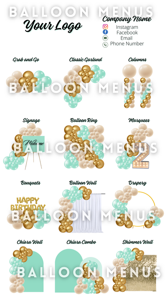 Premade Editable large Balloon Menu (Turquoise , Cream, Gold)