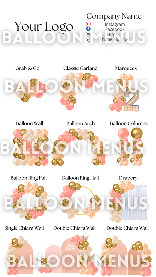 Premade Editable large Balloon Menu (Pink, Gold, Cream, Orange)