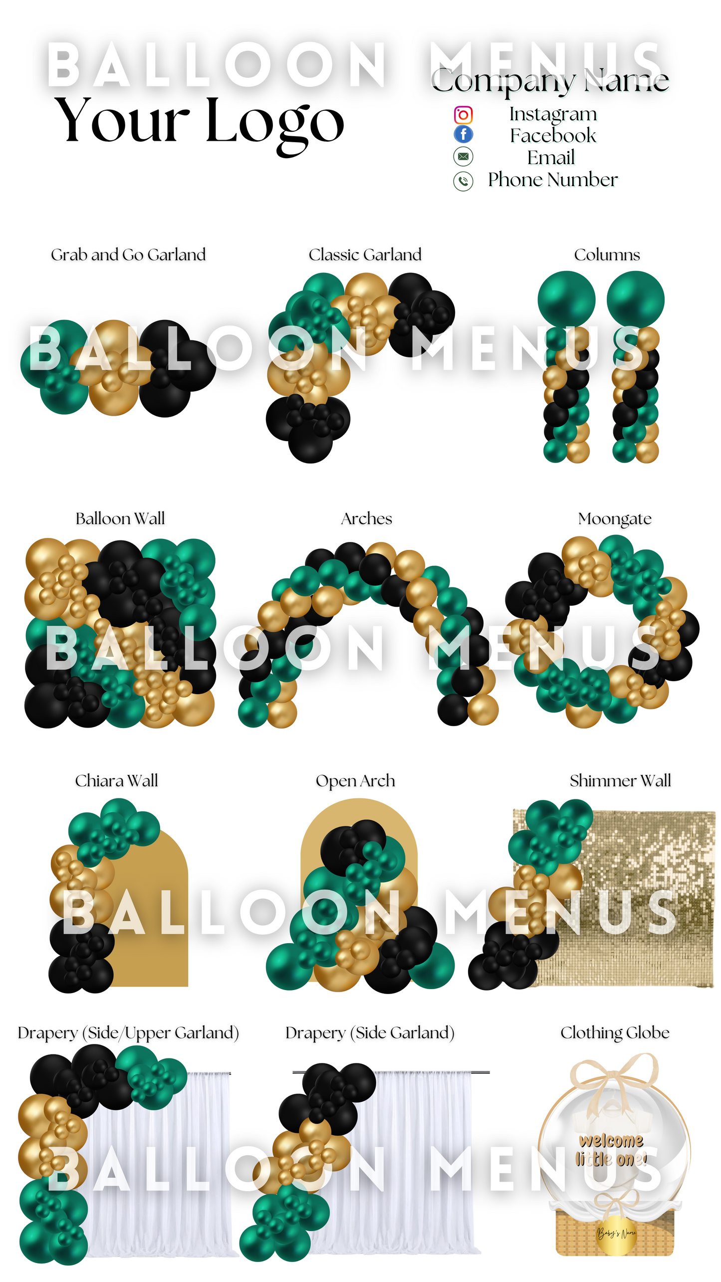 Premade Editable large Balloon Menu (Green, Black, Gold)