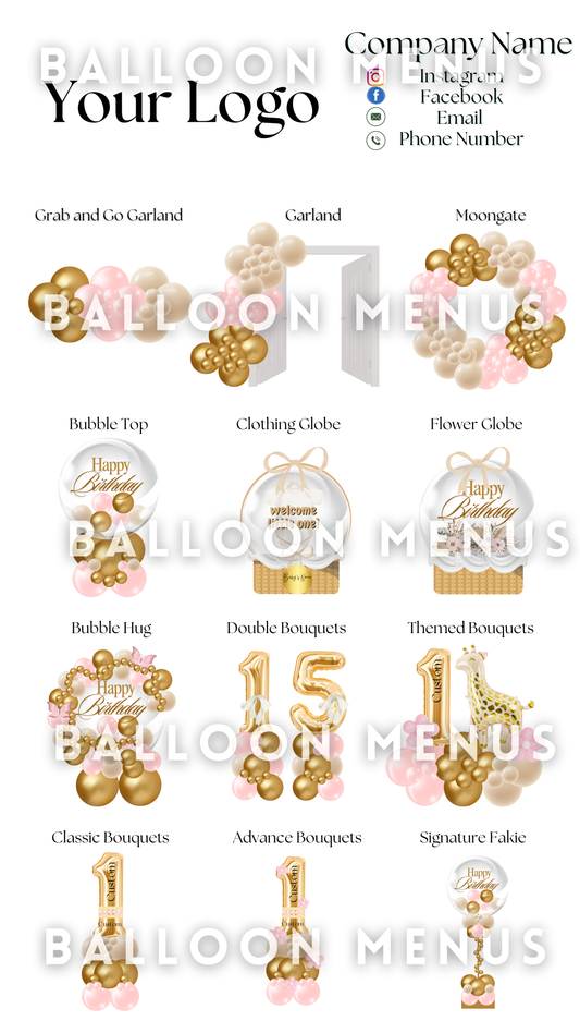 Premade Editable large Balloon Menu (Pink, White, Gold)