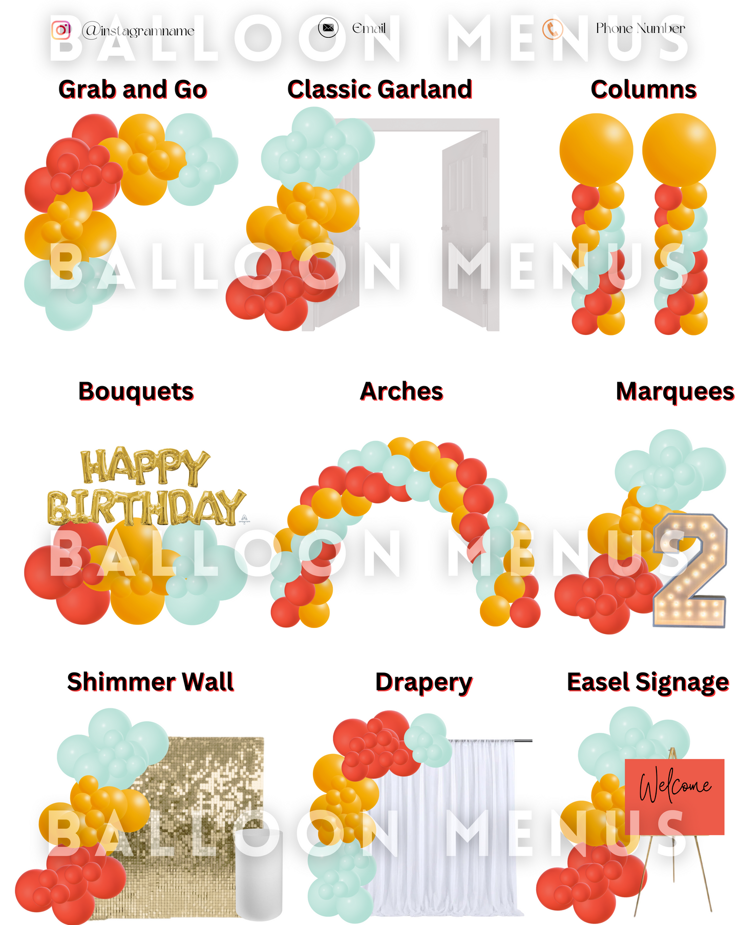 Premade Editable large Balloon Menu ( Red, Turquoise, Orange)