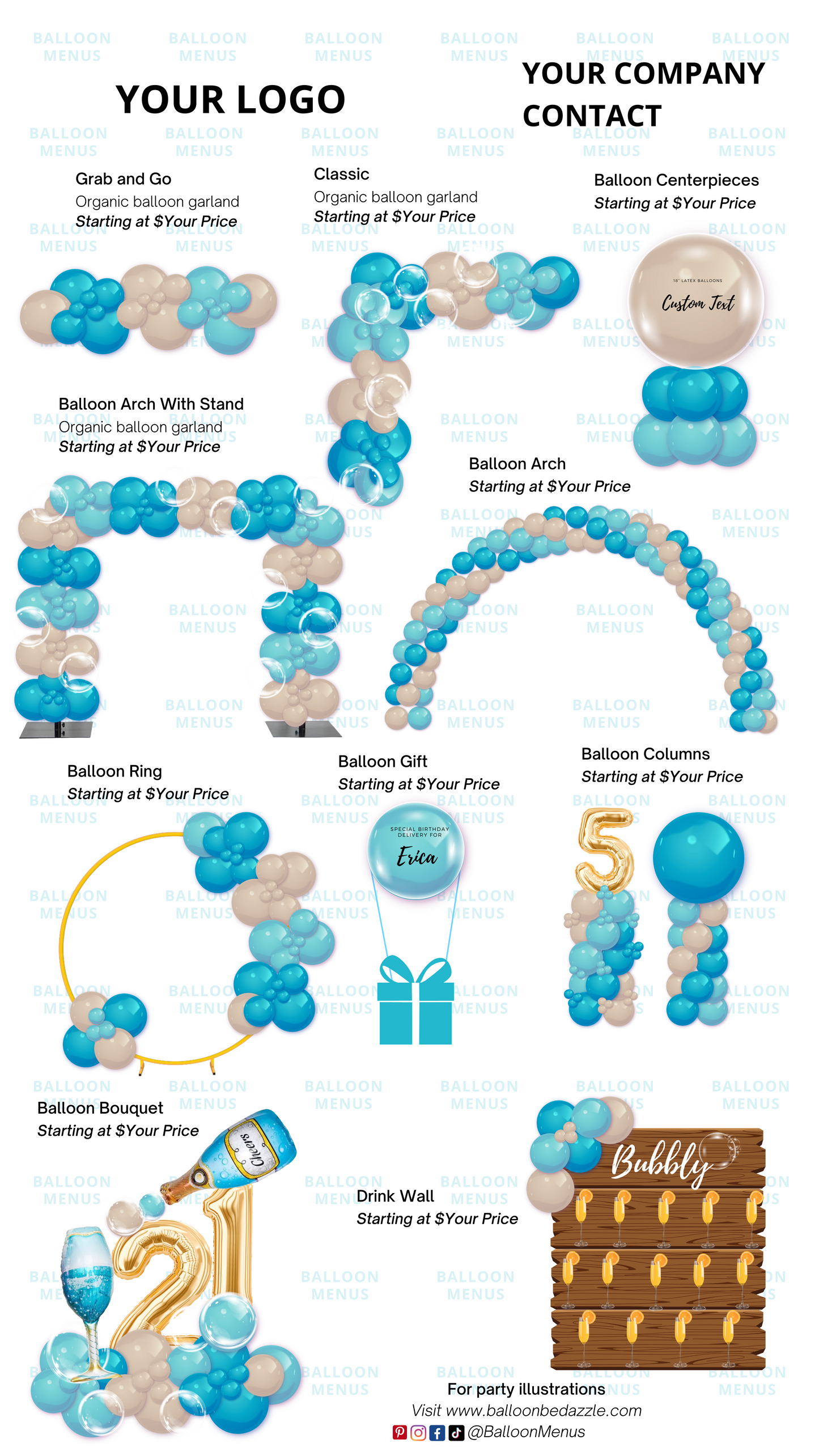 Premade Editable Balloon Menu -Blue shades