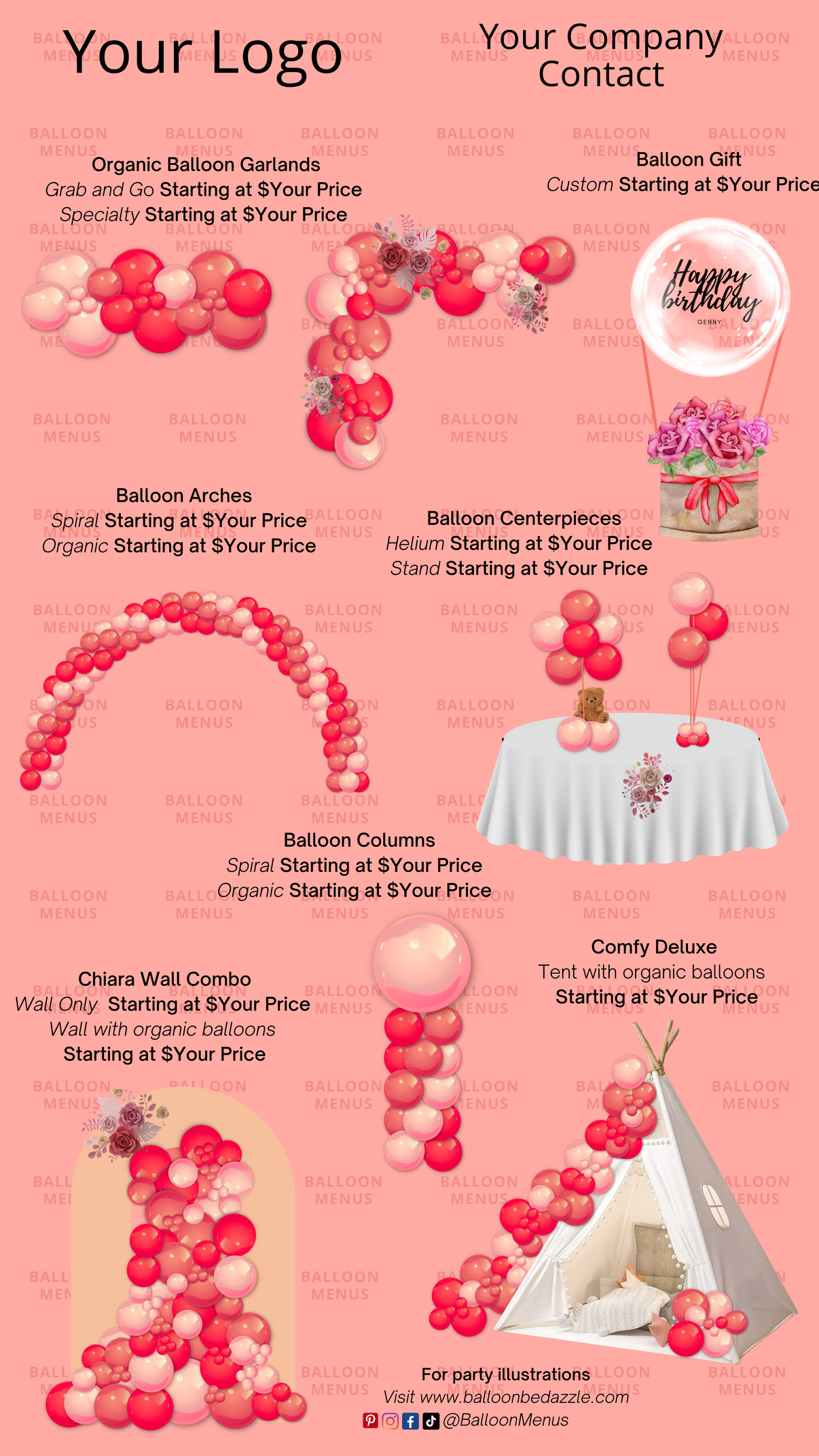 Premade Editable Balloon Menu Template Peachish Pink Balloon Menus